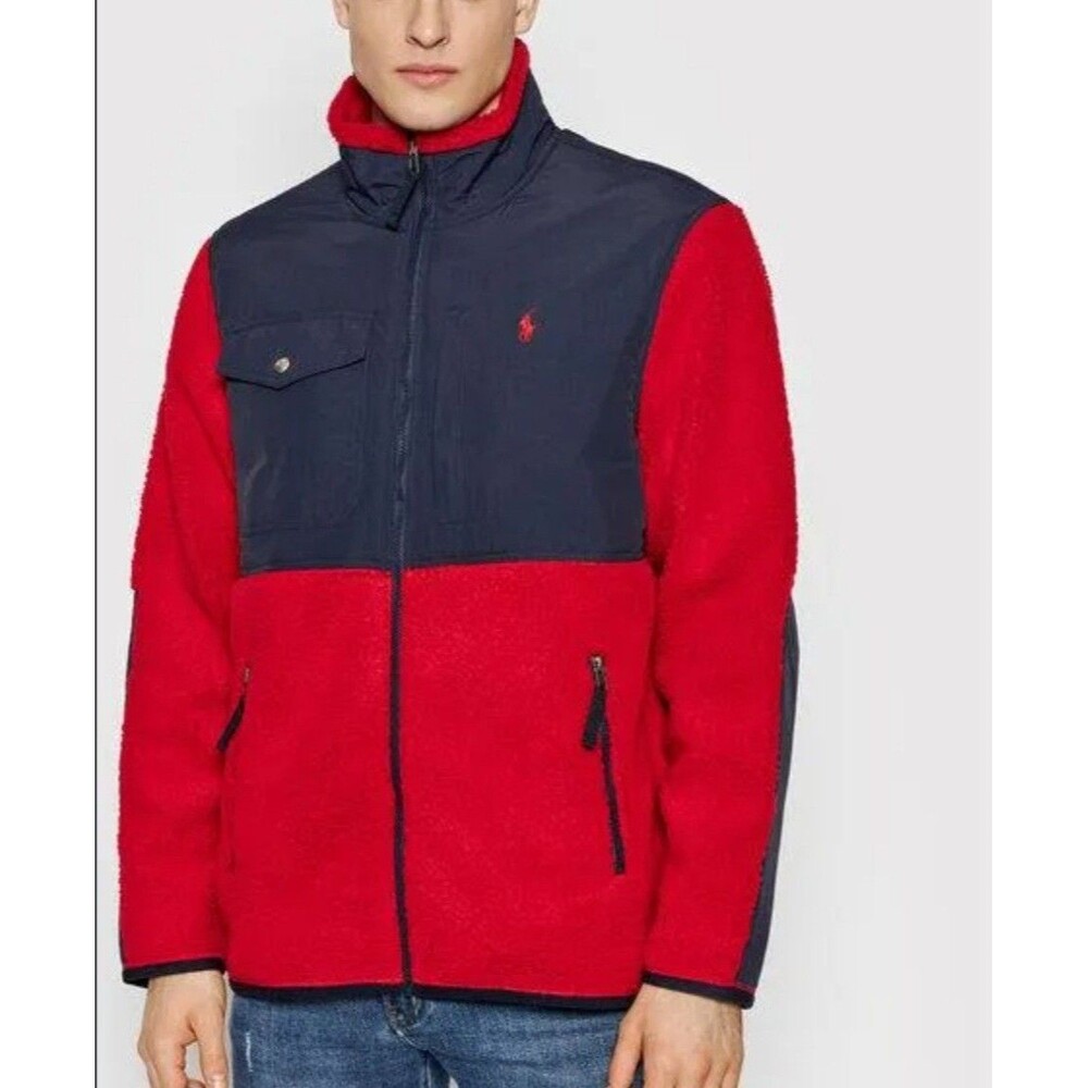 Polo Ralph Lauren Bonded Pile Fleece Full Zip Jacket Mens L Red Blue Colorblock